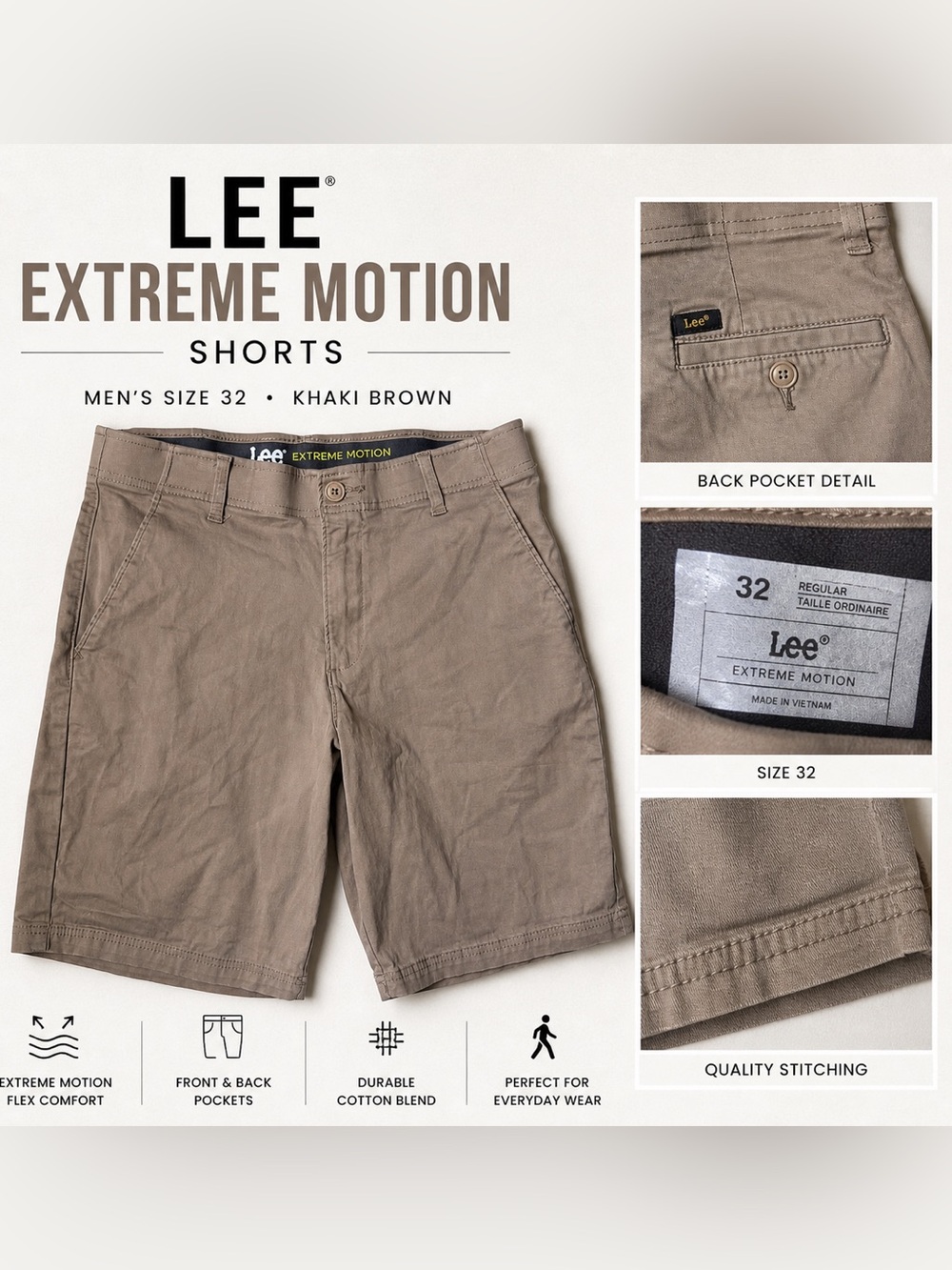 Lee Extreme Motion Shorts Men 32 Khaki Brown Stretch Comfort Casual Chino Flat
